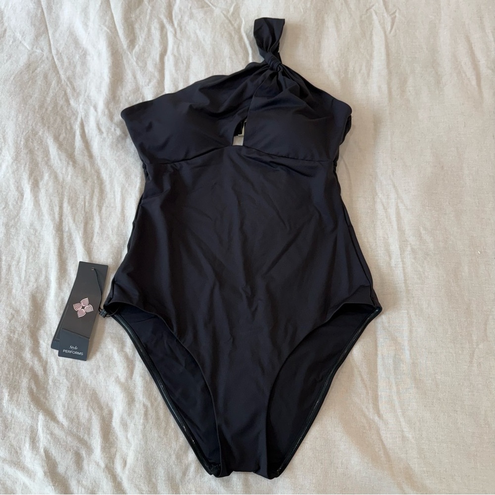 BCBG Asymmetrical One Shoulder Cut Out One-Piece Black Swimsuit S